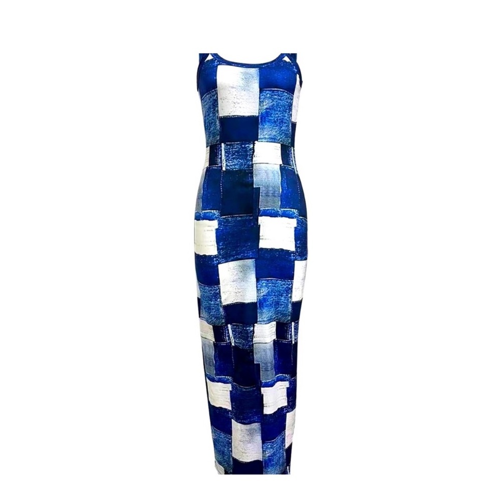 72. Blue and White Sleeveless Women’s Patchwork Maxi Dress Size XL